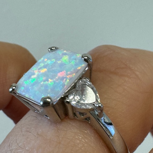 Opal Ring, Radiant Cut Lab Fire Opal Ring with Heart Stones, Sterling Silver - Picture 2 of 11